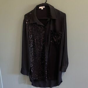 Black Sequin Button-Up Blouse with Pocket